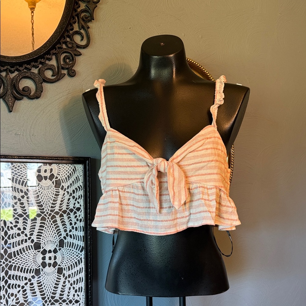 Forever 21 Peach and White Striped Tie-Front Ruffle Crop Camisole